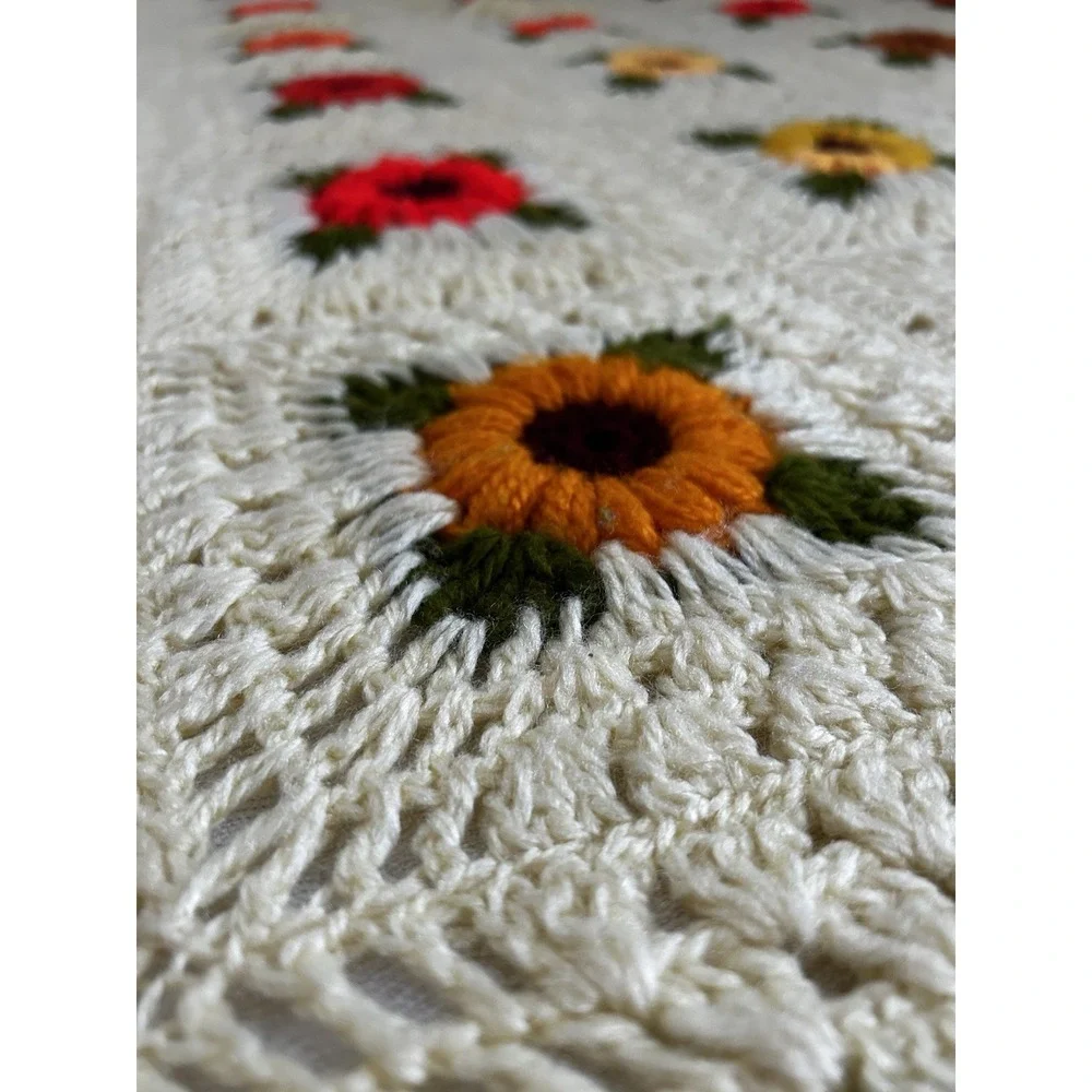 Vintage Handmade Crochet Granny Square Sunflower Blanket / Throw 76x83